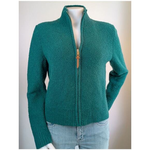 NEW Talbots Full Zip Sweater Medium Boucle Wool Blend Teal Green Cozy Classic - Picture 3 of 11